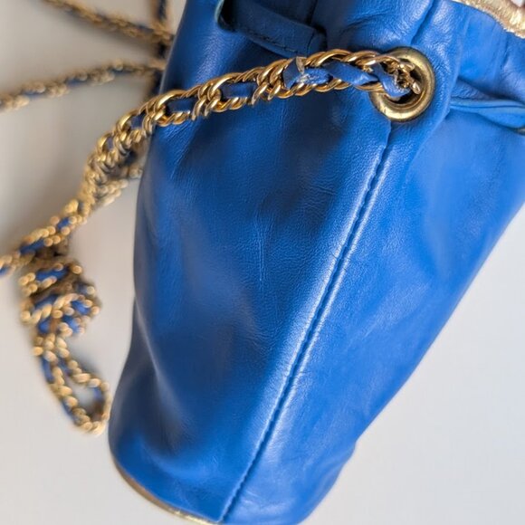 Vtg L.J. Simone New York Blue Leather Mini Drawstring Bucket Bag Crossbody Bag - Picture 13 of 16